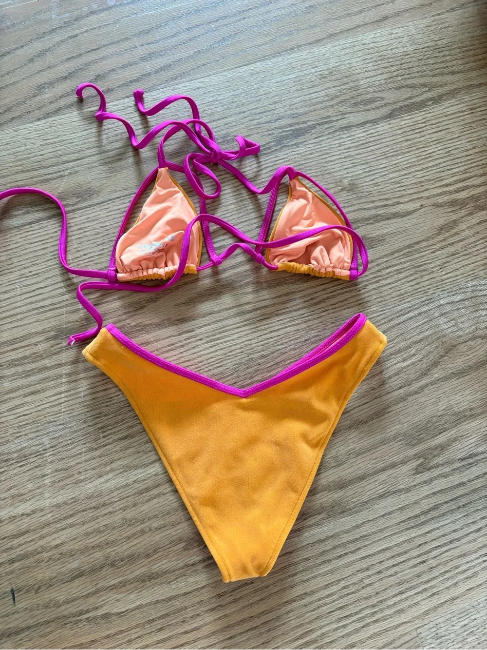 Frankie's Bikinis Orange Triangle Bikini with Pink Trim
